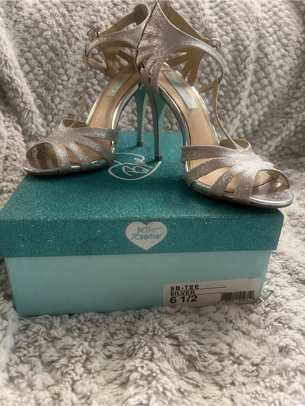 Betsey Johnson Silver Glitter Strappy Stiletto Heels
